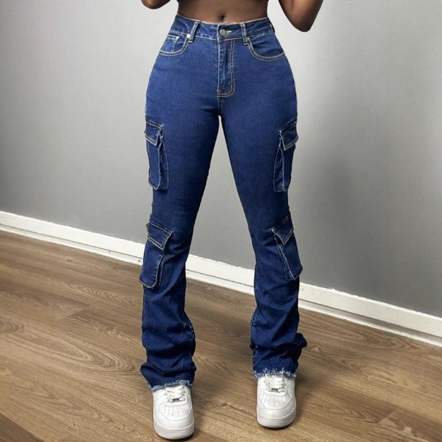 Ladies High-Waisted Cargo Jeans with Multiple Flap Pockets & Flared Hem Mune Fashion