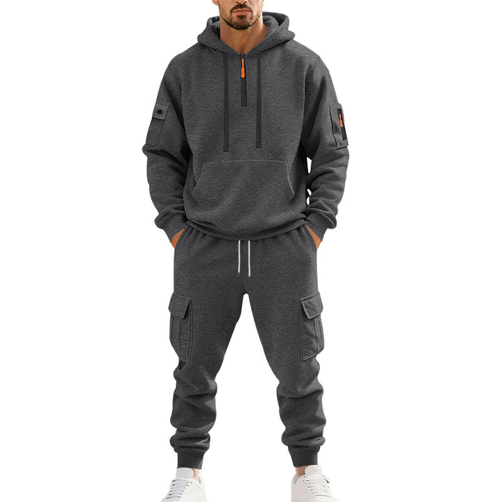 Men's two-piece utility casual set hoodie with half-high zipper, arm pocket, and cargo jogging pants with flap pockets Mune Fashion