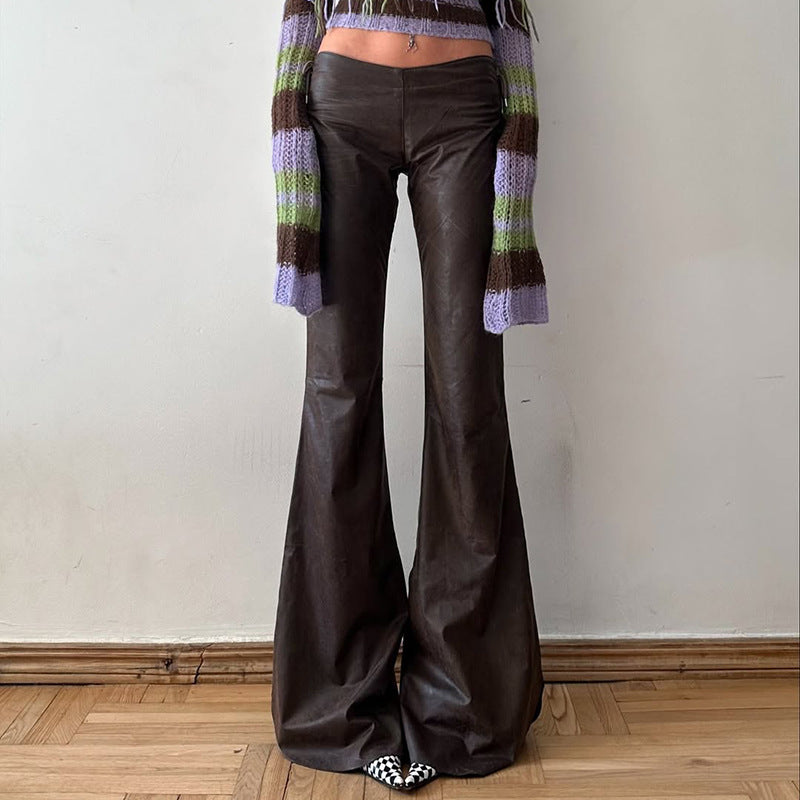 Women High-Waist Flared Trousers made of Faux Leather with Side Decorative Cords Mune Fashion