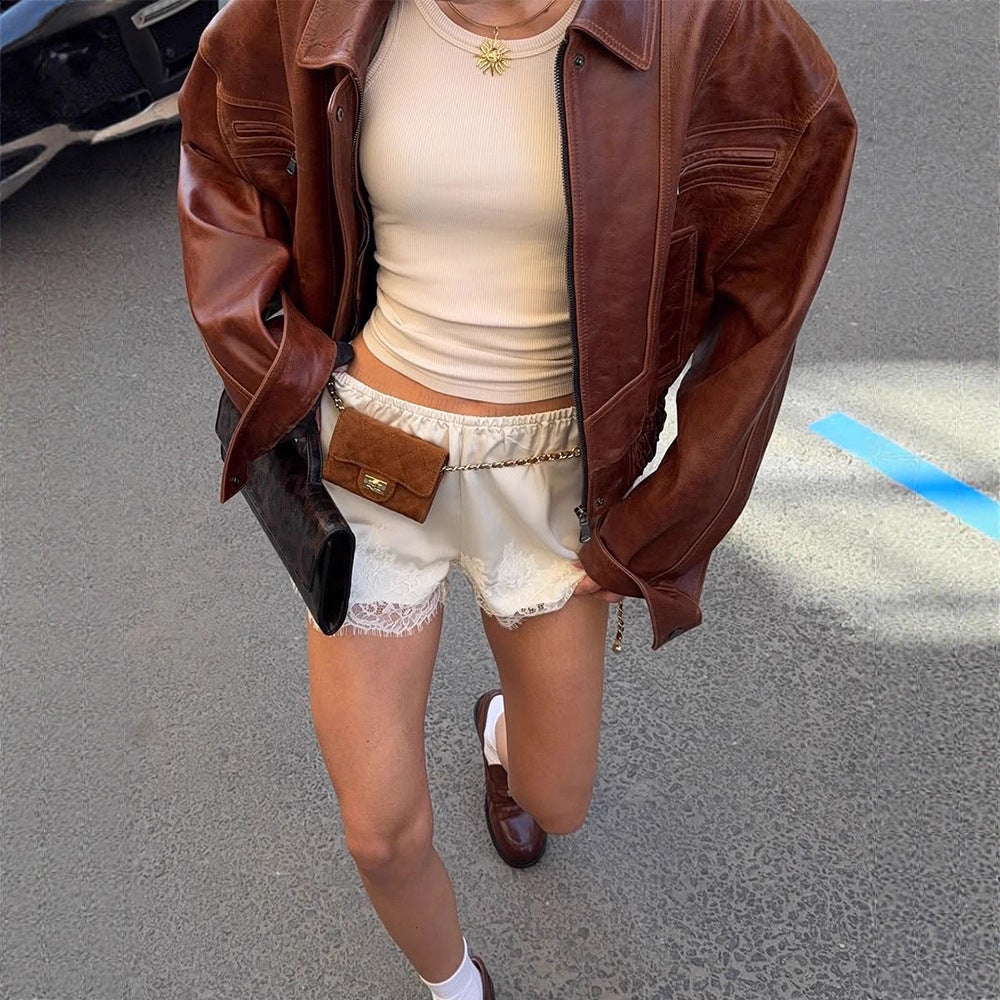 Women's Oversized Faux Leather Jacket in Biker Style with Shirt Collar and Zipper Mune Fashion