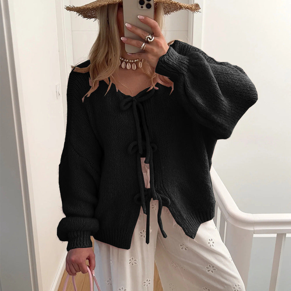 Women's Chunky Knit Open Cardigan with Ties, Oversized Silhouette and Raglan Sleeves Mune Fashion