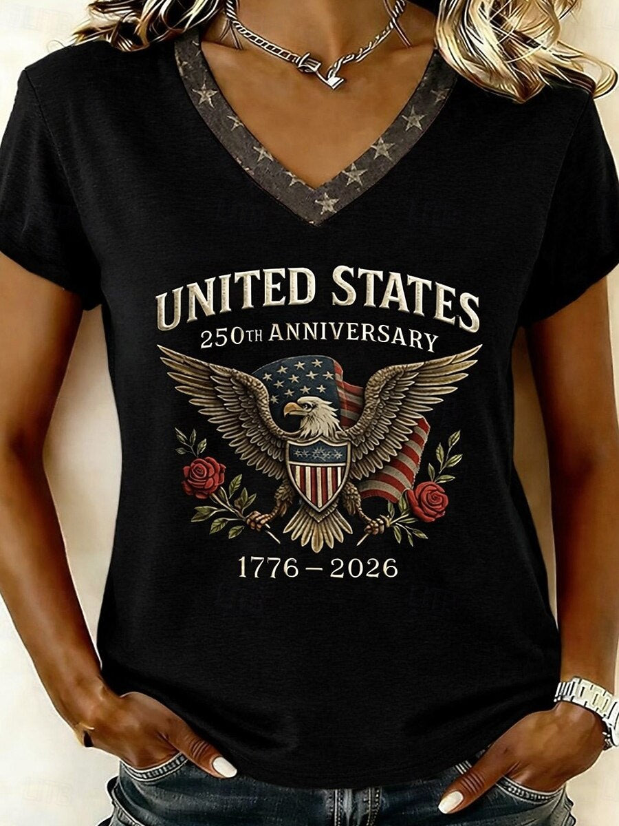 Women’s V-neck Retro Print T-shirt with Eagle Emblem and vintage-inspired Graphic Mune Fashion