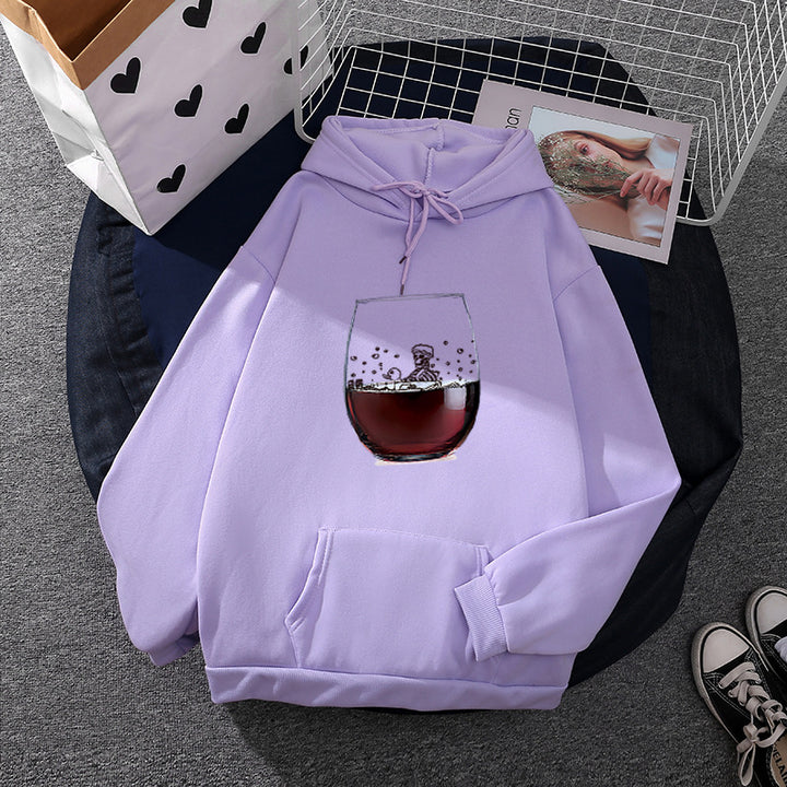Women’s casual hoodie with photorealistic wine glass graphic, kangaroo pocket, and soft fleece Mune Fashion