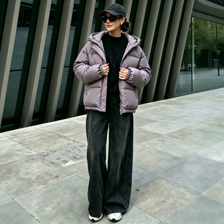 Women's Oversized Quilted Coat with Hood, Snap Button Closure and Elastic Hem Mune Fashion