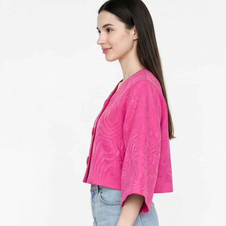 Women short-cut structured jacquard jacket with round neck & large fabric buttons Mune Fashion