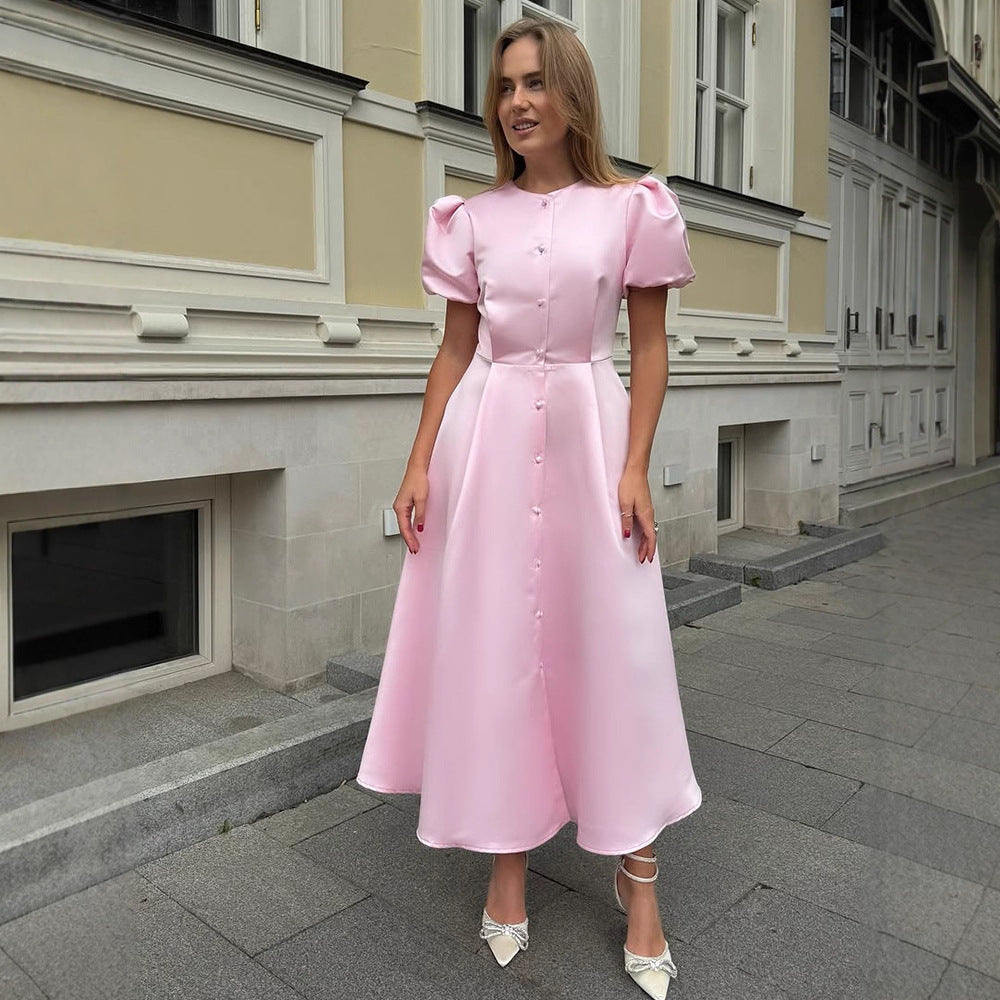 Ladies' midi dress made of satin with voluminous puff sleeves, fitted A-line and continuous button placket Mune Fashion