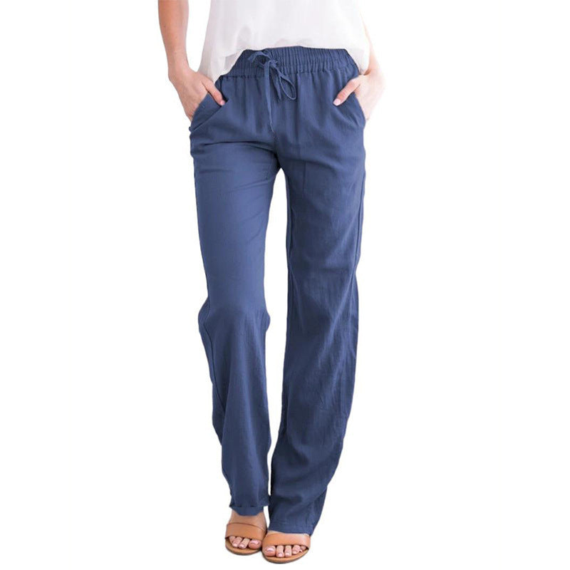 Women Light Linen Look Palazzo Pants with Elastic Waist, Drawstring and Side Pockets Mune Fashion