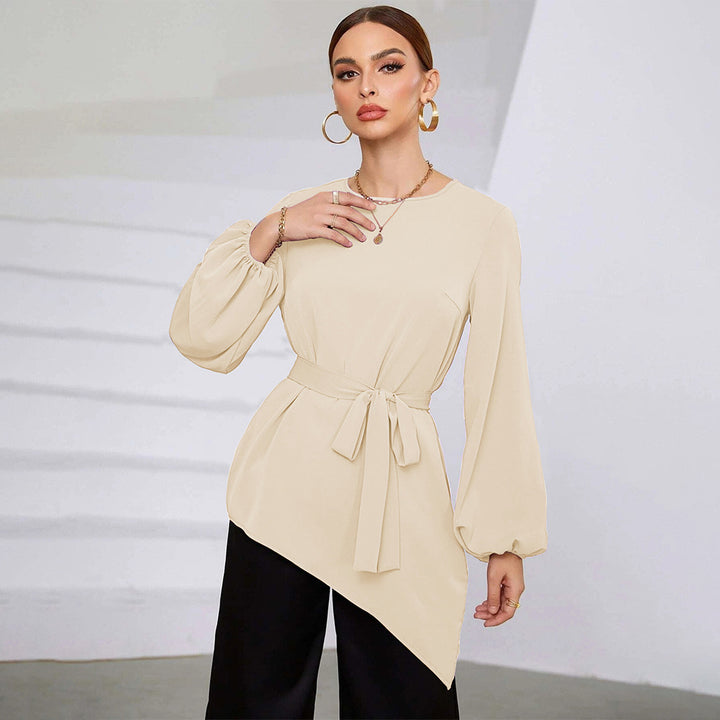 Women asymmetrical tunic blouse with balloon sleeves and waist belt Mune Fashion