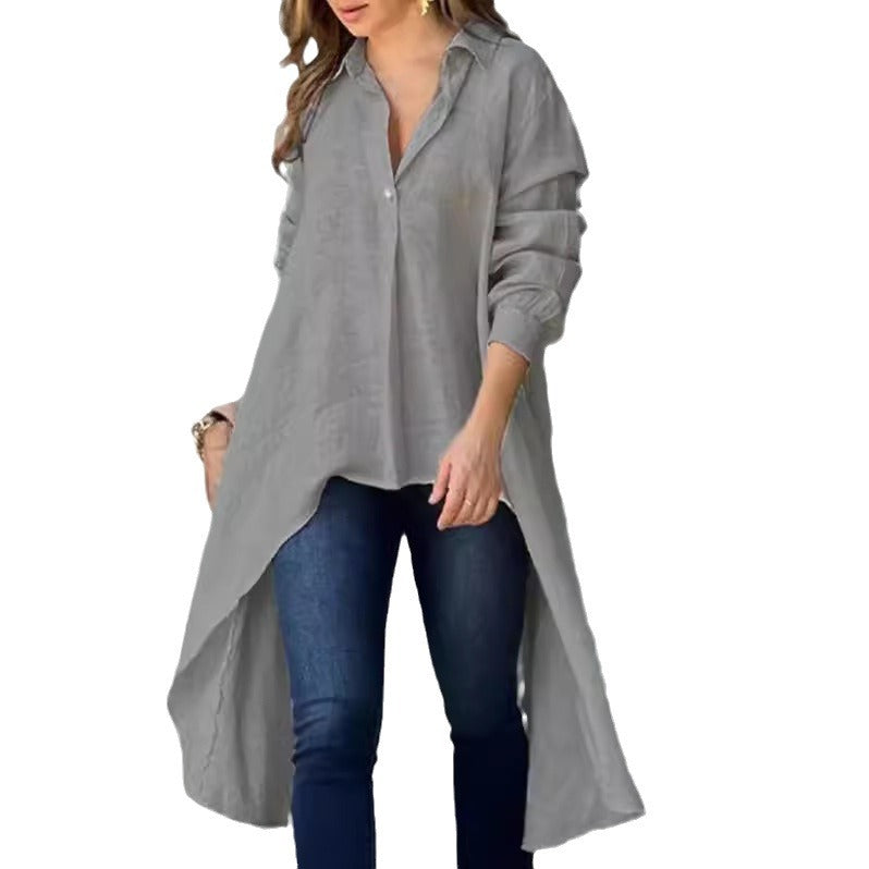 Women Lightweight Linen Tunic Blouse with Asymmetric High-Low Tail and Shirt Collar Mune Fashion