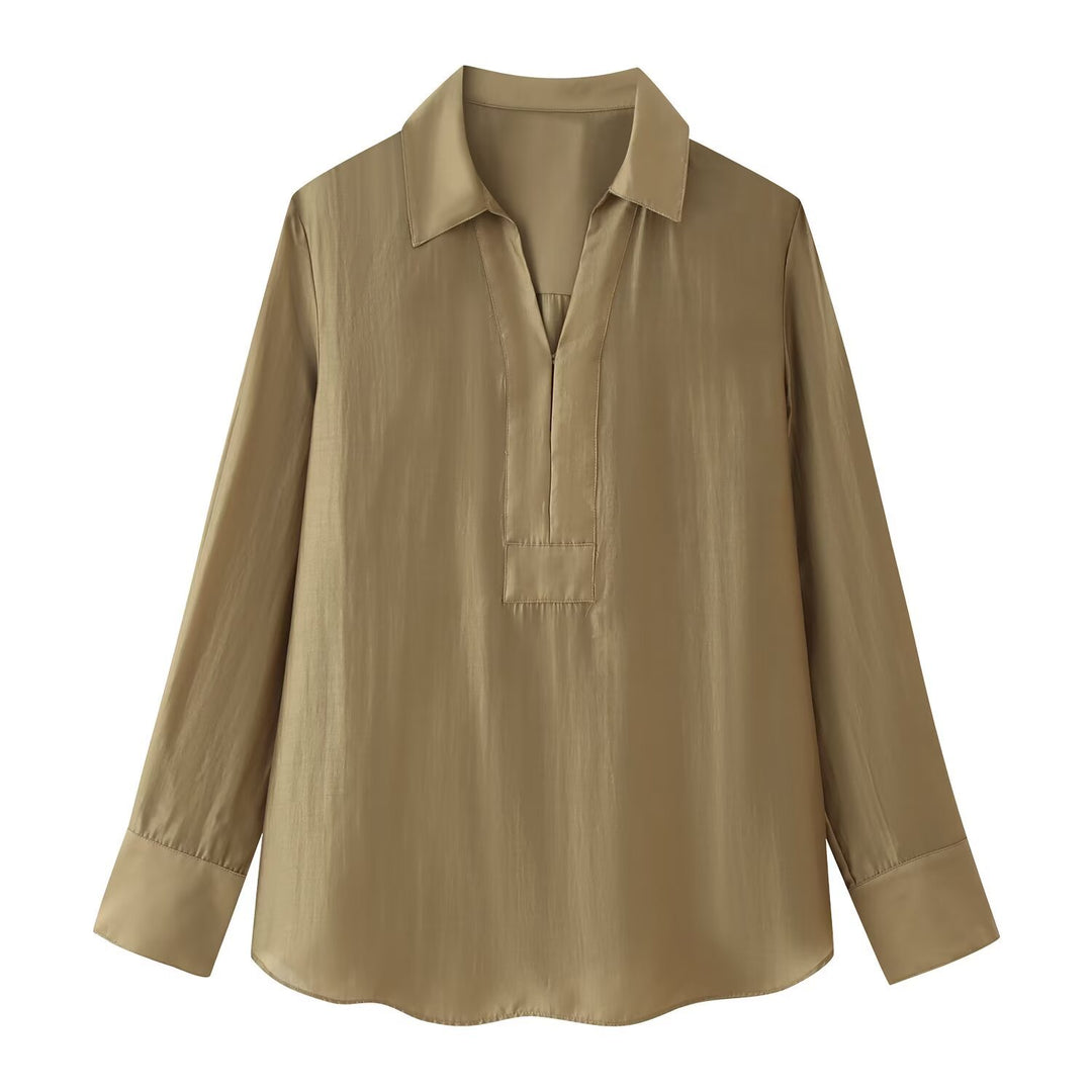 Women Loose-Fitting Tunic Shirt Blouse with Half-Open V-Neck and Wide Cuffs Mune Fashion