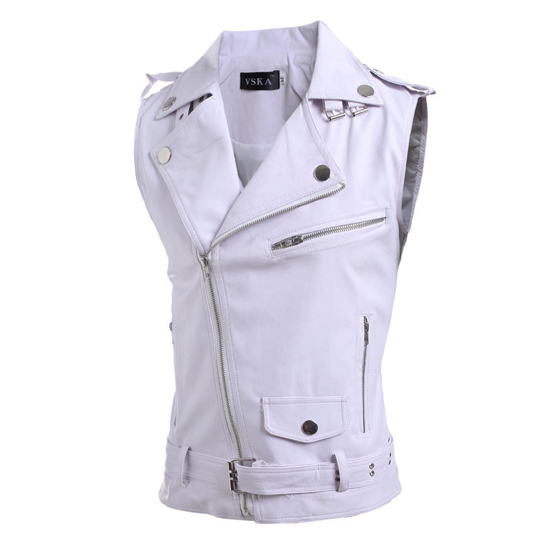 Men's sleeveless biker vest with asymmetric zipper, decorative belts and metal accents Mune Fashion