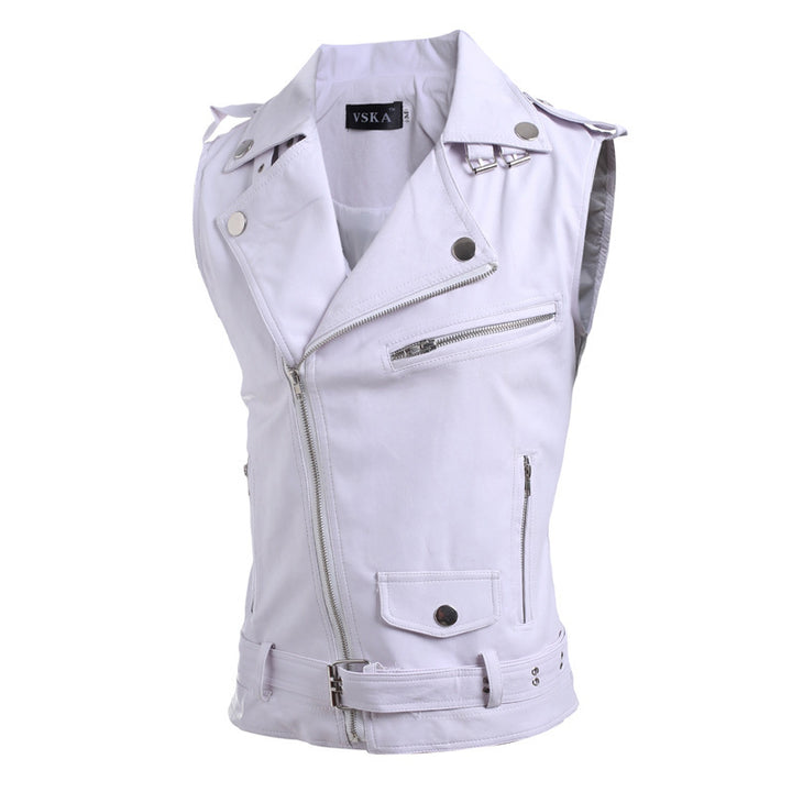 Men's sleeveless biker vest with asymmetric zipper, decorative belts and metal accents Mune Fashion
