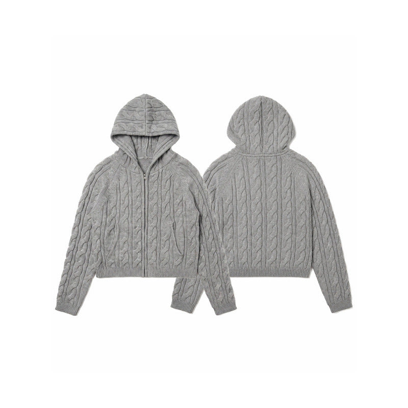 Women Hooded Braid Knit Cardigan with Zipper and Raglan Sleeves Mune Fashion