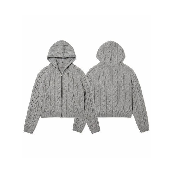 Women Hooded Braid Knit Cardigan with Zipper and Raglan Sleeves Mune Fashion