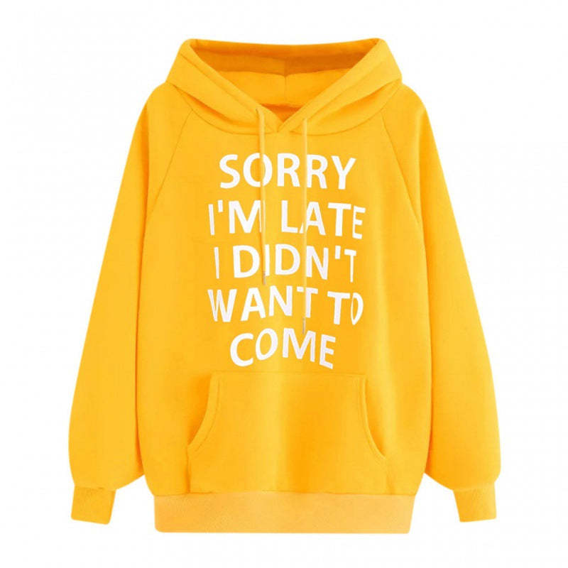Women Loose Hoodie with Statement Print, Kangaroo Pocket and Raglan Sleeves Mune Fashion