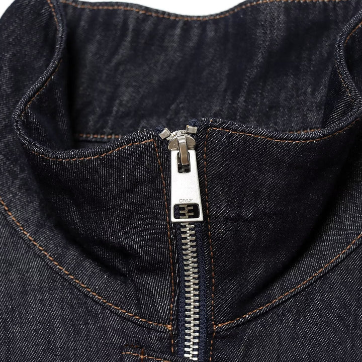 Women's Jeans Cropped Blouson with Waist Belt and High Stand Collar Drune