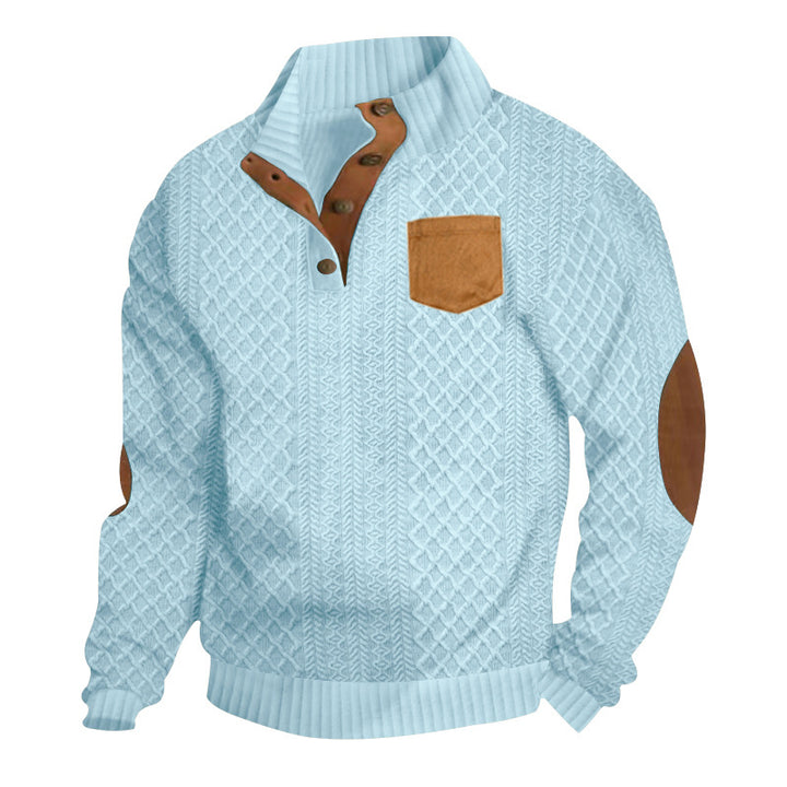 Men's Structured Cable Knit Sweatshirt with Half Button Placket, Faux Leather Patch Pocket & Elbow Patches Mune Fashion
