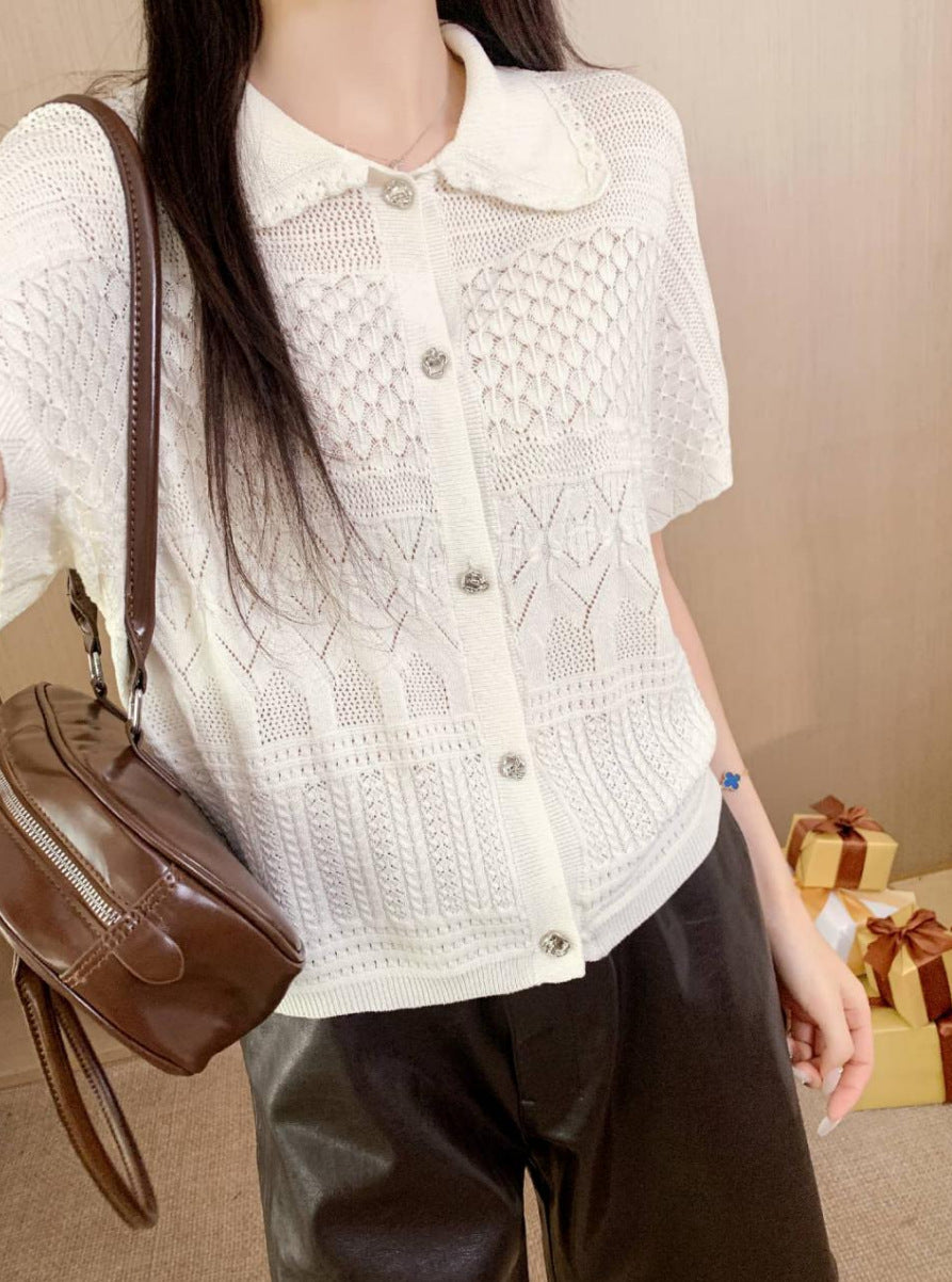 Women Short Sleeve Cardigan with Peter Pan Collar and Openwork Pattern Mune Fashion