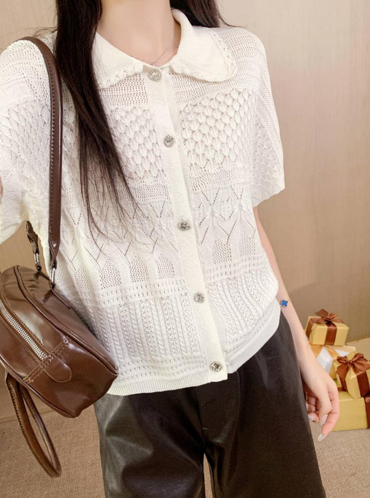 Women Short Sleeve Cardigan with Peter Pan Collar and Openwork Pattern Mune Fashion