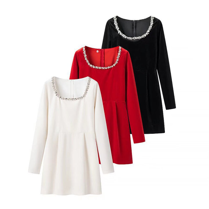 Women’s velvet dress with tailored corset, square neckline, and floral trim Mune Fashion