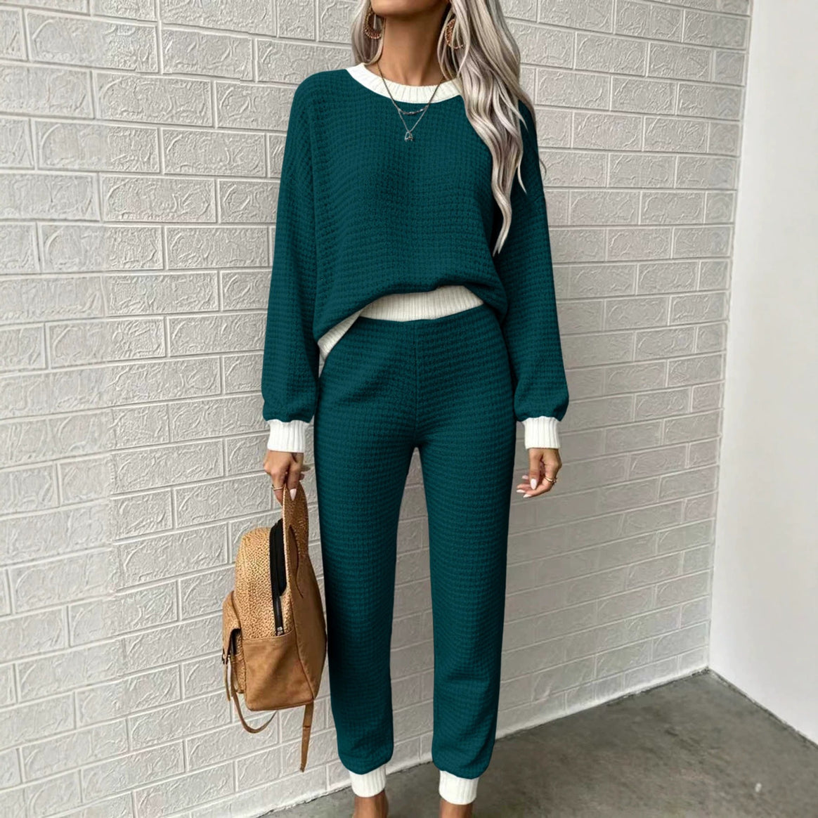 Women Comfortable Waffle Knit Lounge Set with Ribbed Cuffs Mune Fashion