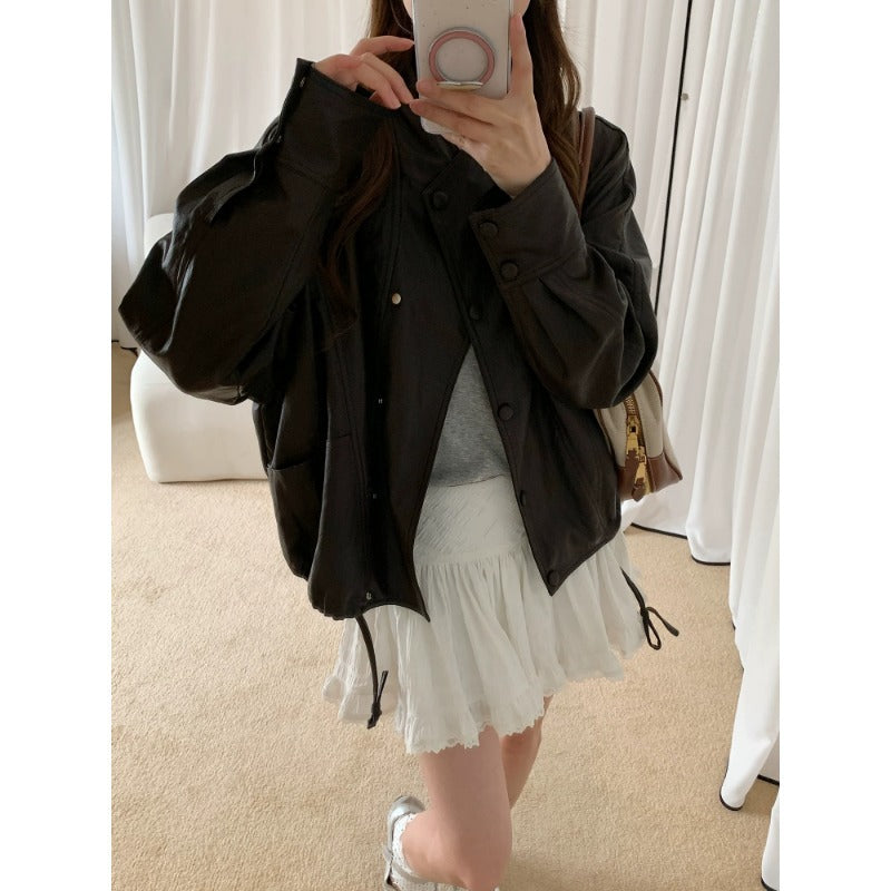 Women's Oversized Biker Jacket made of Faux Leather with Wide Lapels and Voluminous Sleeves Mune Fashion