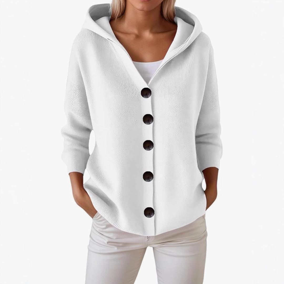 Women's hooded cardigan with large wooden buttons and side pockets Mune Fashion