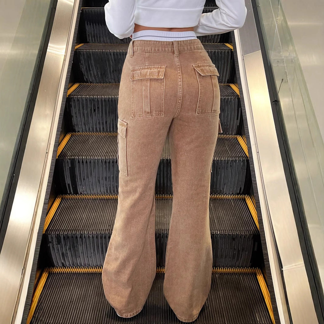 Women High-Cut Cargo Jeans in Flared Cut with Drawstring Cuffs Mune Fashion