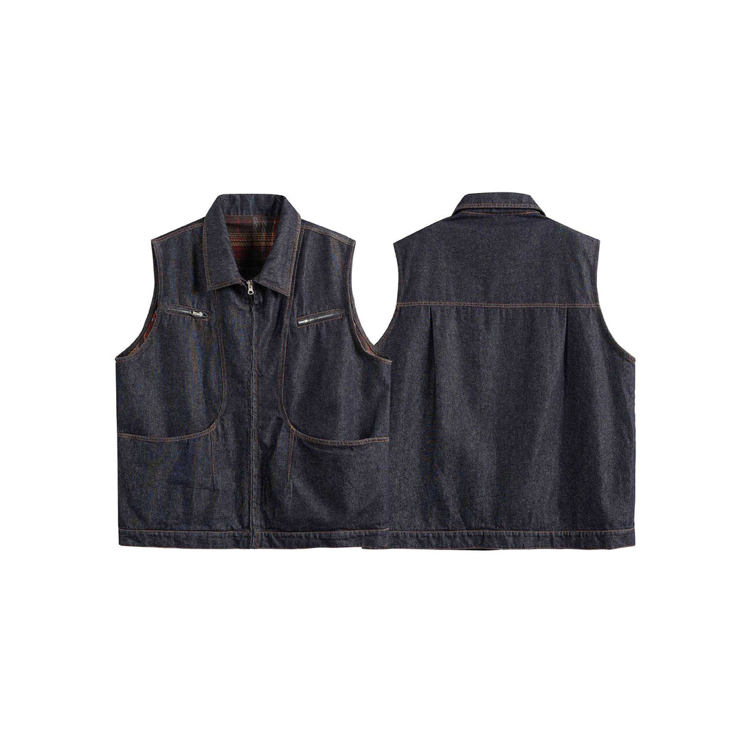 Men's denim vest with zipper, large flap pockets and check lining Mune Fashion
