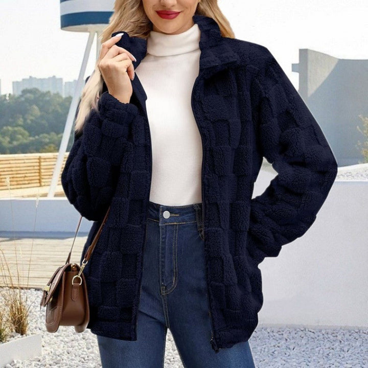 Women's teddy jacket with check structure, stand-up collar and zipper Mune Fashion