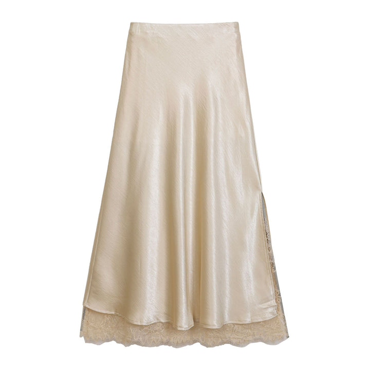 Women's flared satin midi skirt with fine lace lining and seamless waistband Mune Fashion