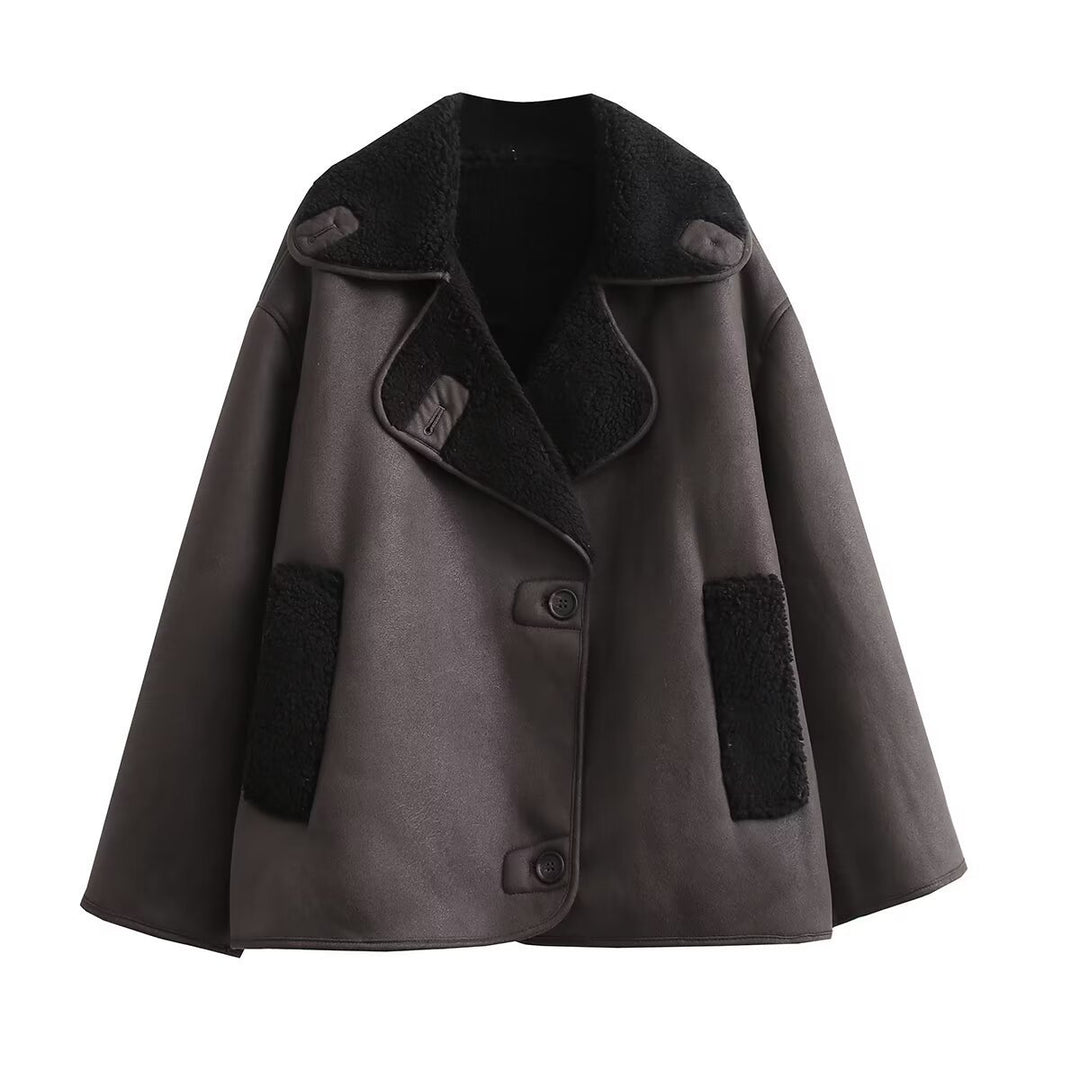 Women's Boxy Short Jacket made of Faux Suede with Teddy Collar and Concealed Button Placket Mune Fashion
