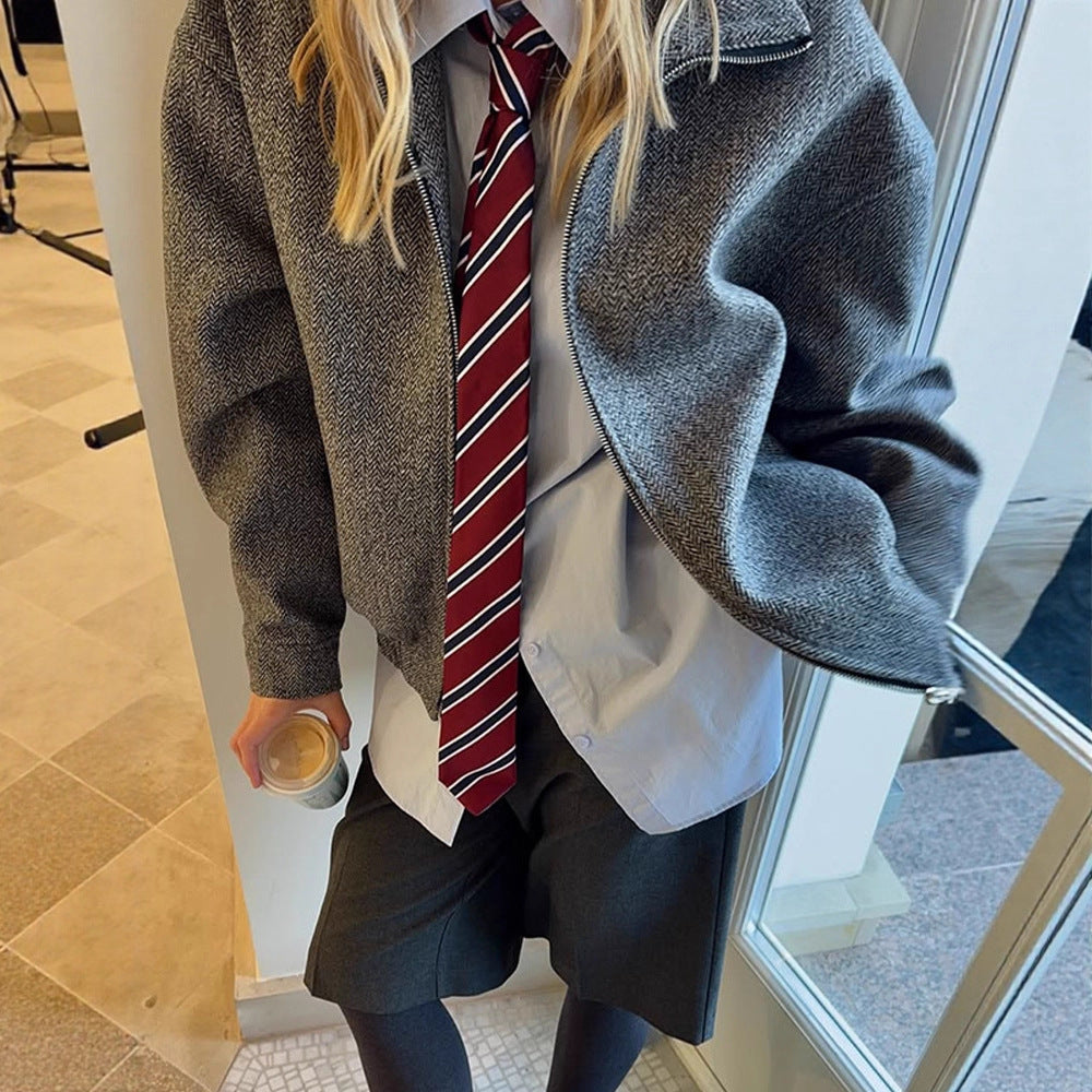 Ladies short jacket in herringbone wool blend with zip and elastic hem Mune Fashion