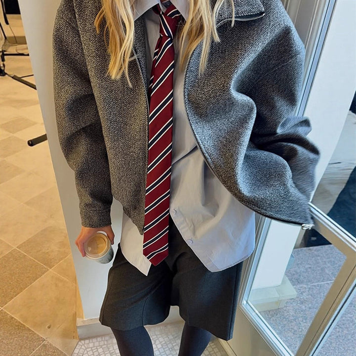 Ladies short jacket in herringbone wool blend with zip and elastic hem Mune Fashion