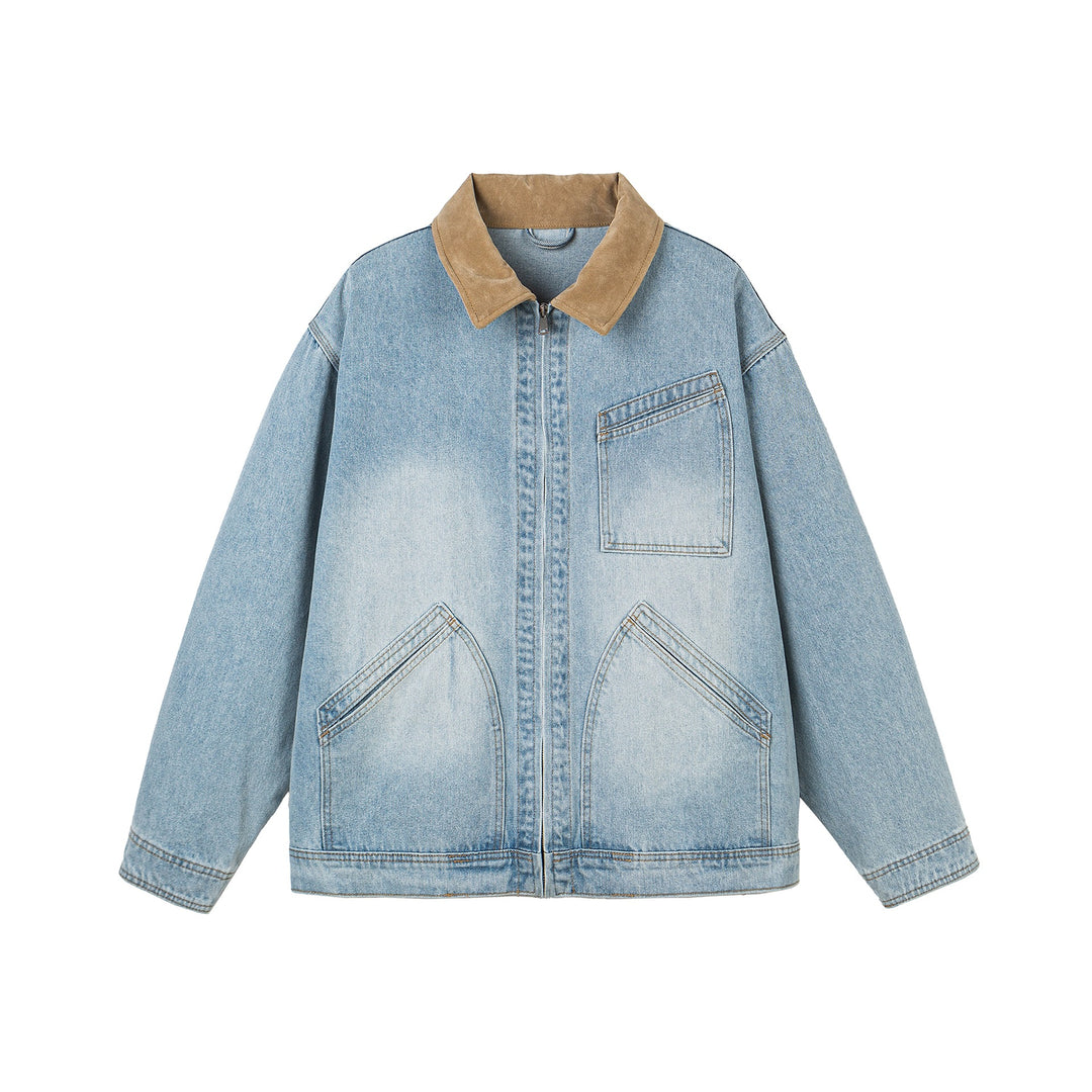 Women's Oversized Denim Jacket with Suede Collar, Concealed Zipper and Distinctive Pockets Mune Fashion