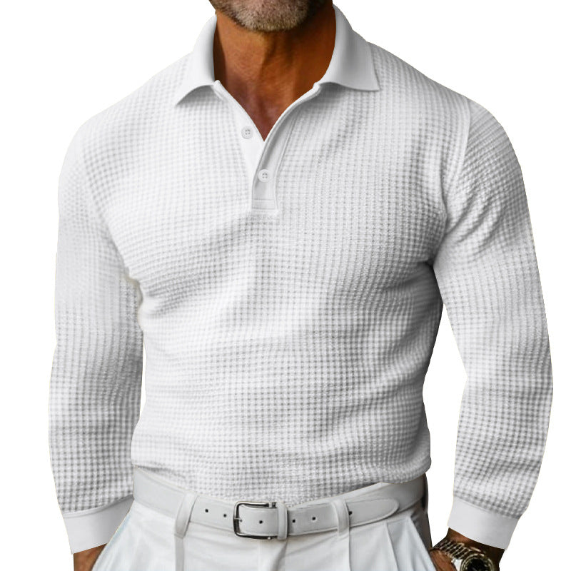 Men's Waffle Structure Polo Shirt with Long Sleeves, Slim Fit and Kent Collar Mune Fashion