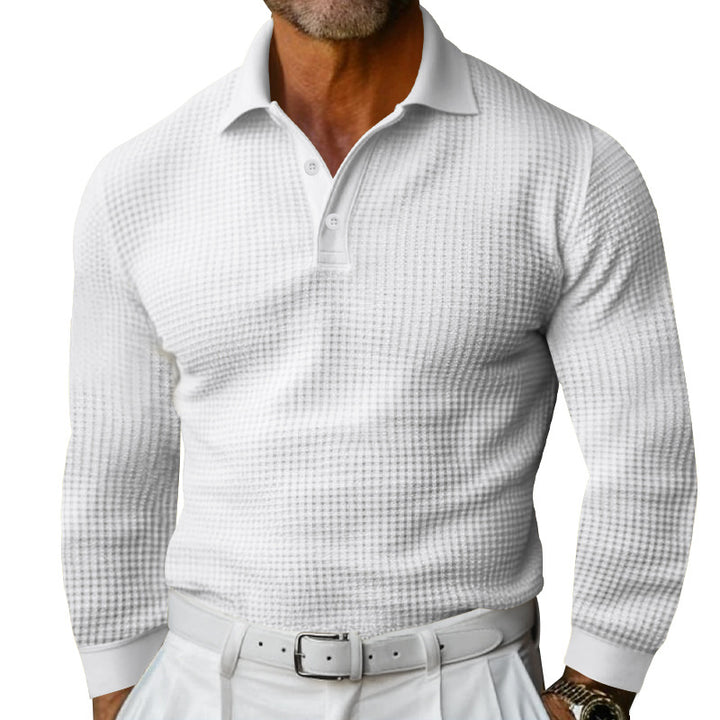 Men's Waffle Structure Polo Shirt with Long Sleeves, Slim Fit and Kent Collar Mune Fashion