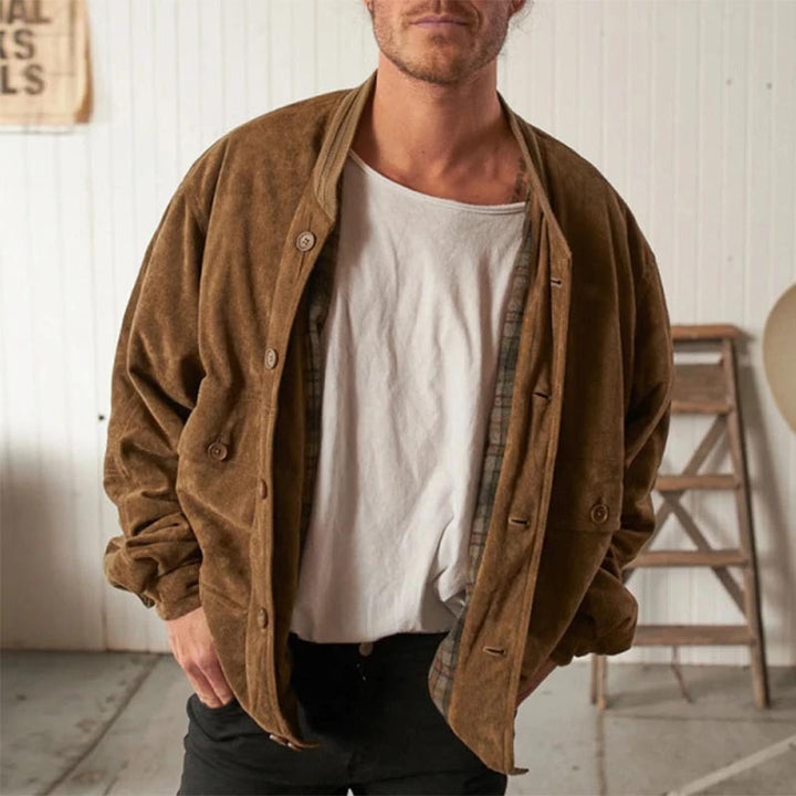 Men's Oversized Suede-Look Bomber Jacket with Checked Lining and Button Closure Mune Fashion