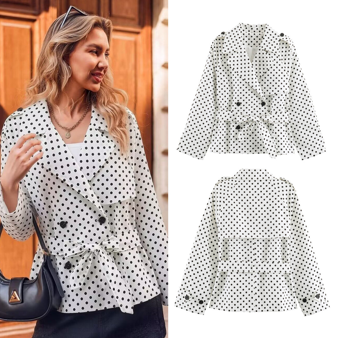 Women's short trench coat with tailored tie belt and polka dot pattern Mune Fashion