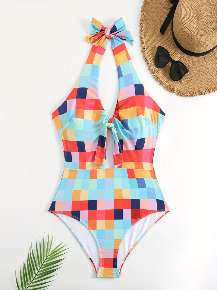 Women's One-Piece Swimsuit with Fashionable Check Pattern Mune Fashion