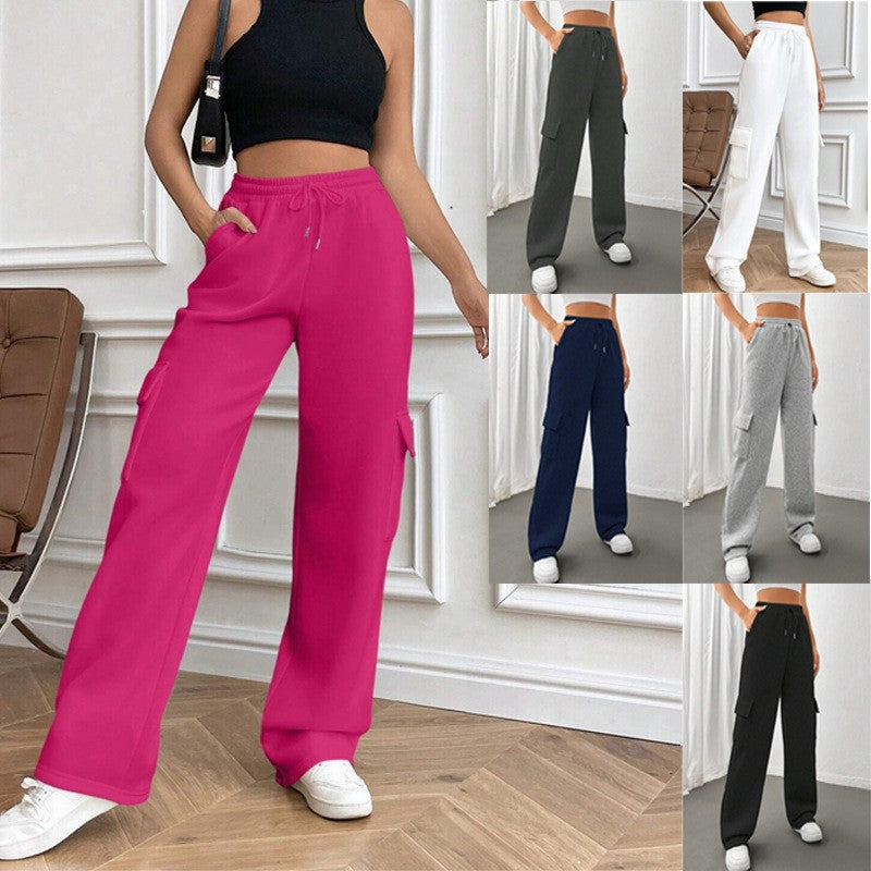 Ladies cargo jogging pants with high elastic waistband, drawstring, and wide leg Mune Fashion