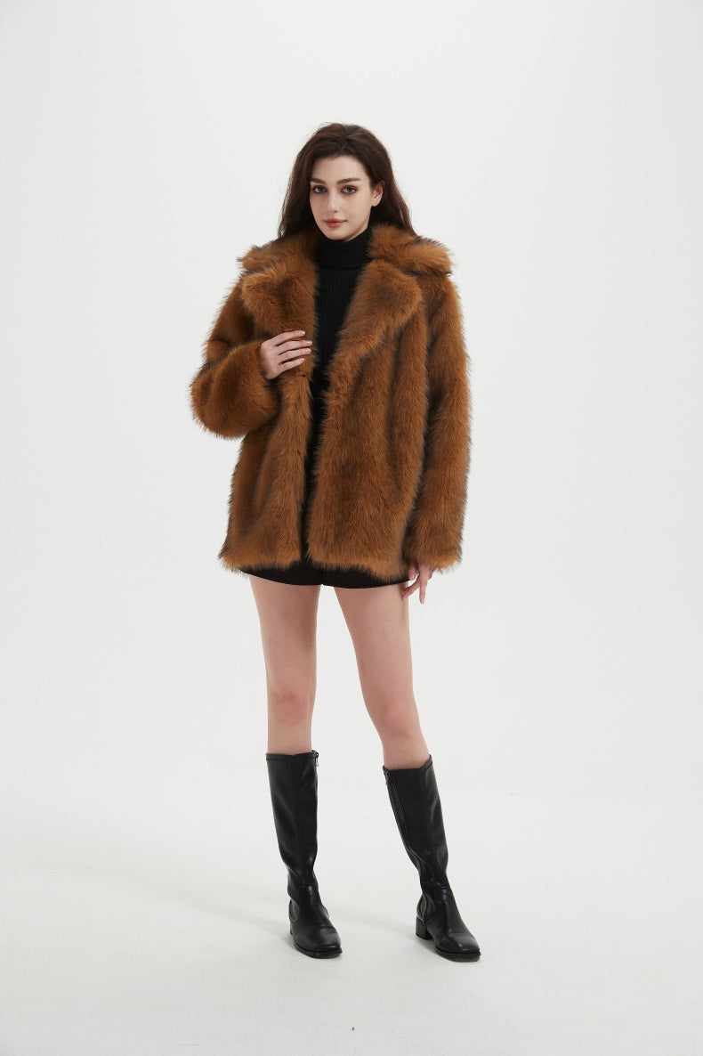Ladies Short Luxurious Faux Fur Coat with Voluminous Shawl Collar and Boxy Silhouette Mune Fashion