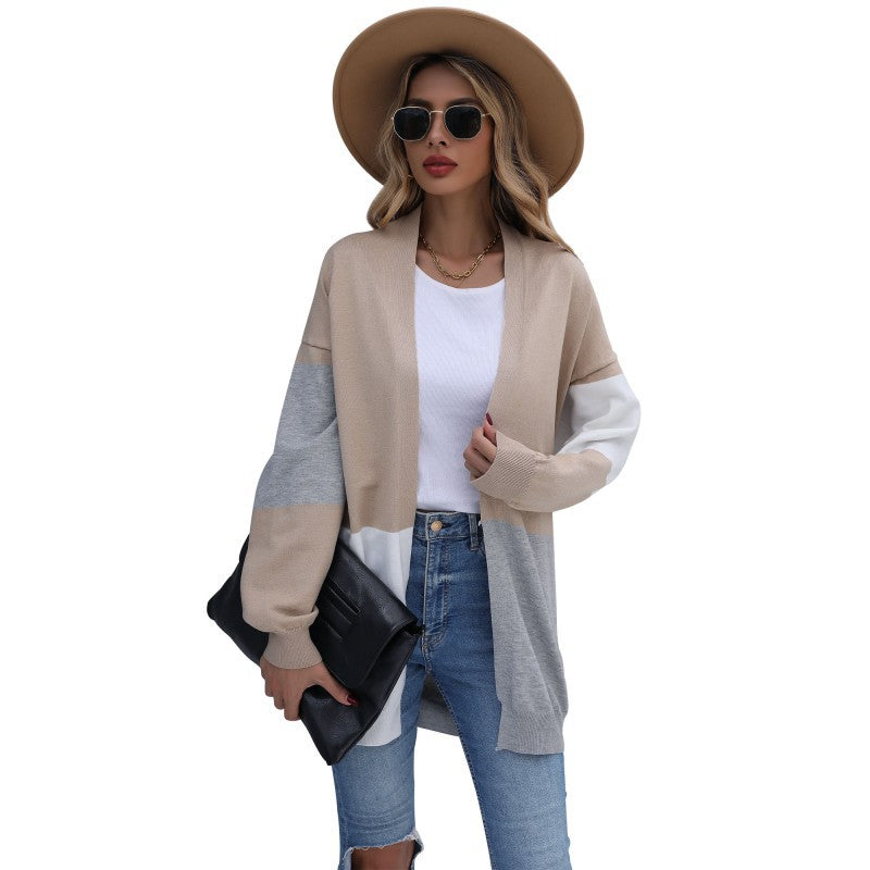 Women's Long Colorblock Fine Knit Cardigan with Open Front and Dropped Shoulder Mune Fashion