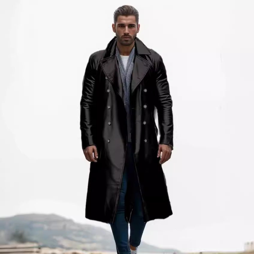 Men's Long Shiny Faux Leather Trench Coat with Double Breasted and Distinctive Lapel Mune Fashion