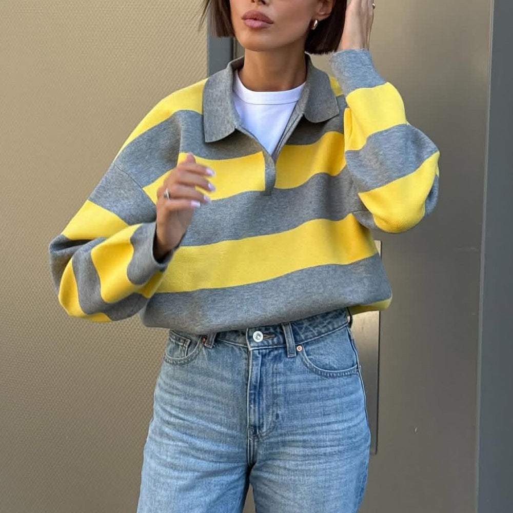 Women's Oversize Striped Rugby Sweater with Open Polo Collar and V-Neck Mune Fashion