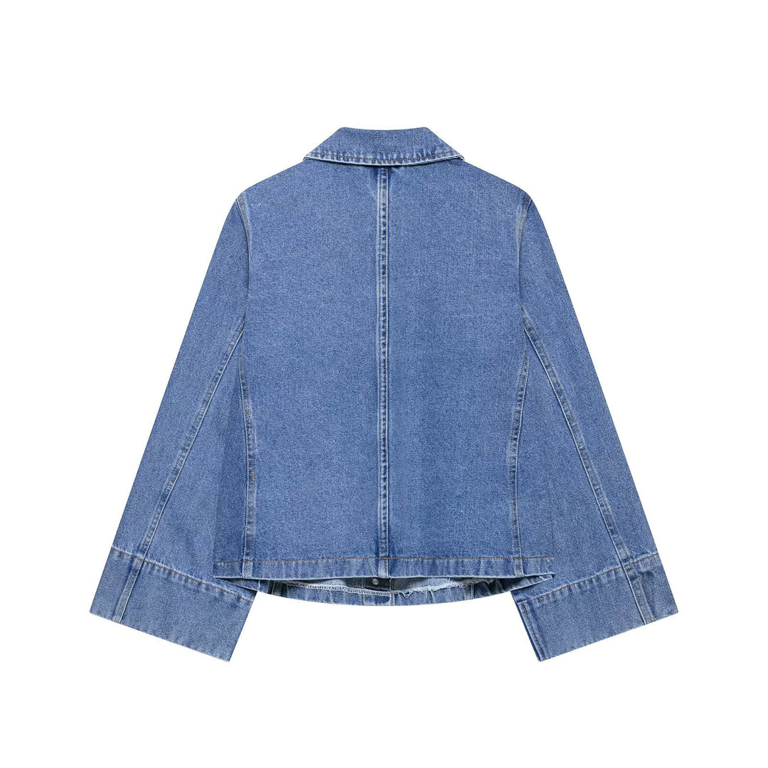 Women Oversized Denim Jacket with Shirt Collar and Large Patch Pockets Mune Fashion