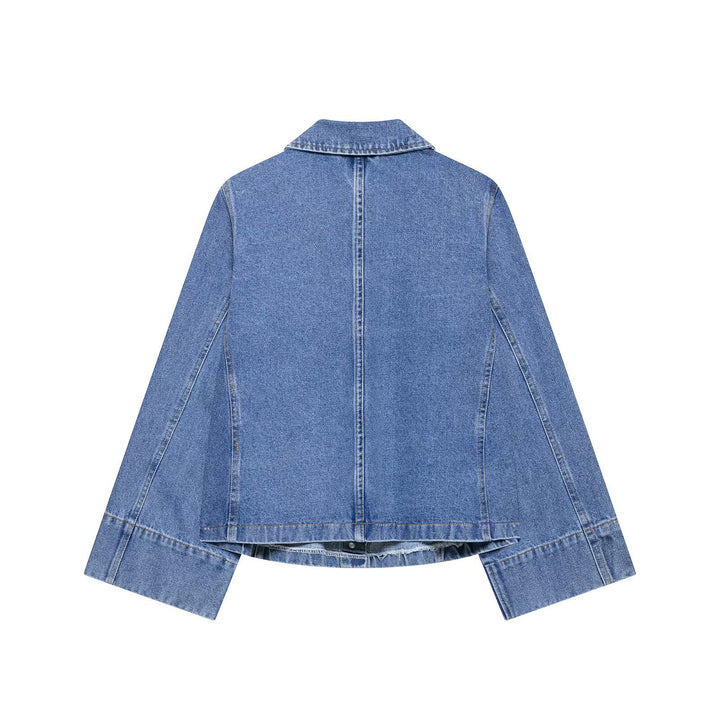 Women Oversized Denim Jacket with Shirt Collar and Large Patch Pockets Mune Fashion