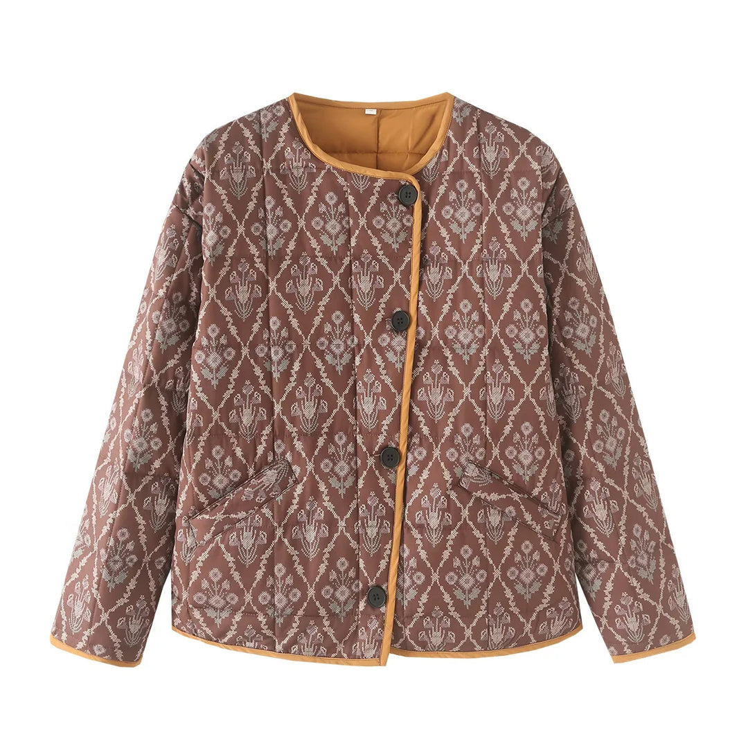 Women's lightweight quilted jacquard quilted jacket with round neck, contrast piping and patch flap pockets Mune Fashion