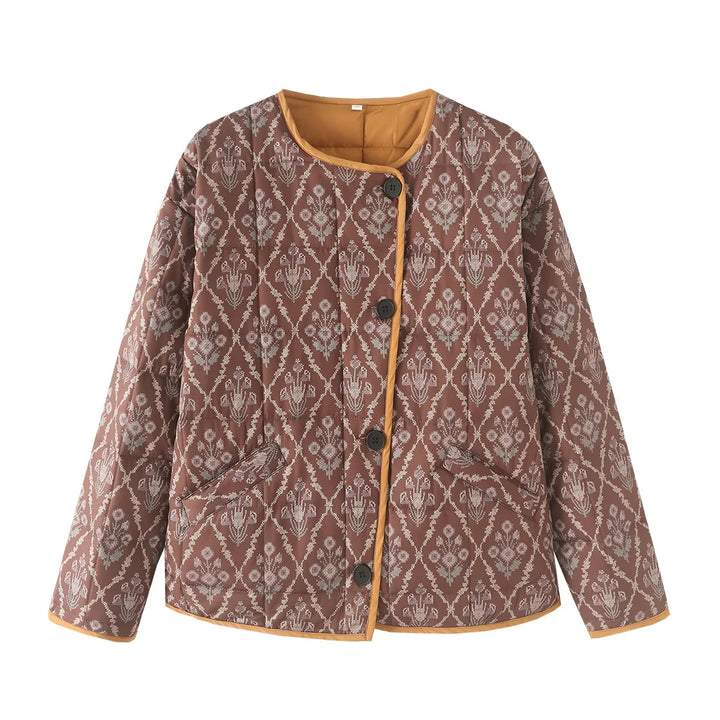 Women's lightweight quilted jacquard quilted jacket with round neck, contrast piping and patch flap pockets Mune Fashion