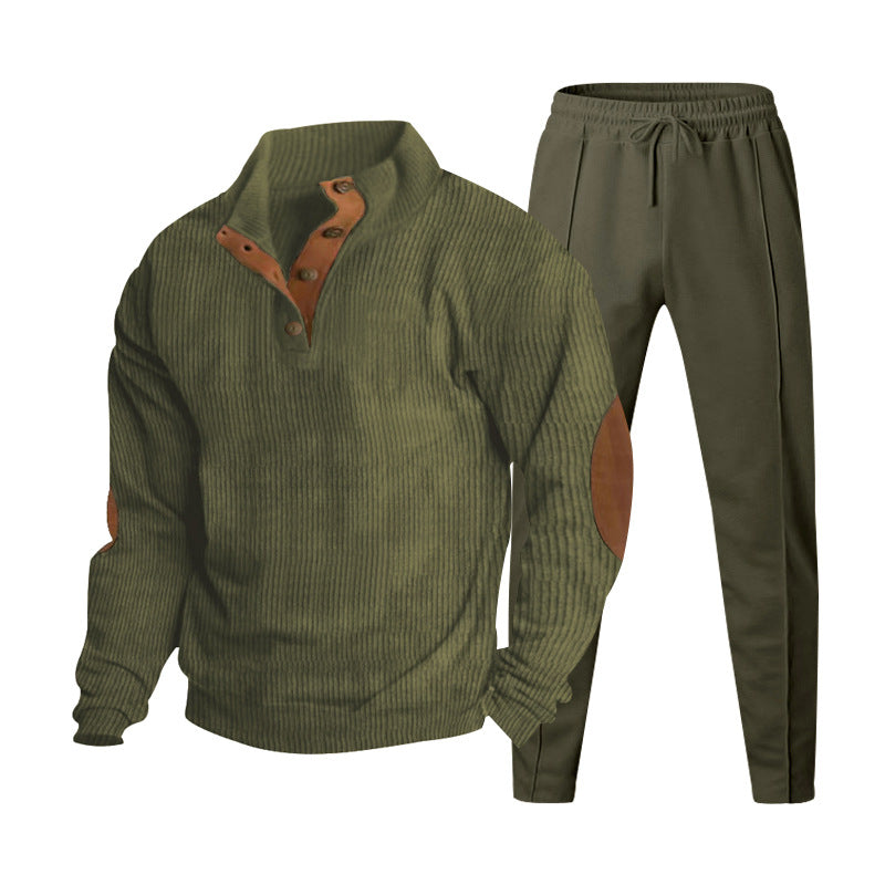 Men's ribbed Henley leisure suit with decorative button placket and suede elbow patches tapered joggers Mune Fashion